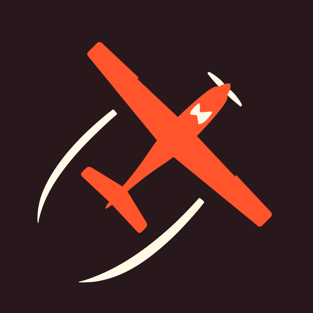 Dual Minds app icon: an orange airplane banking within cream arcs on a dark plum background